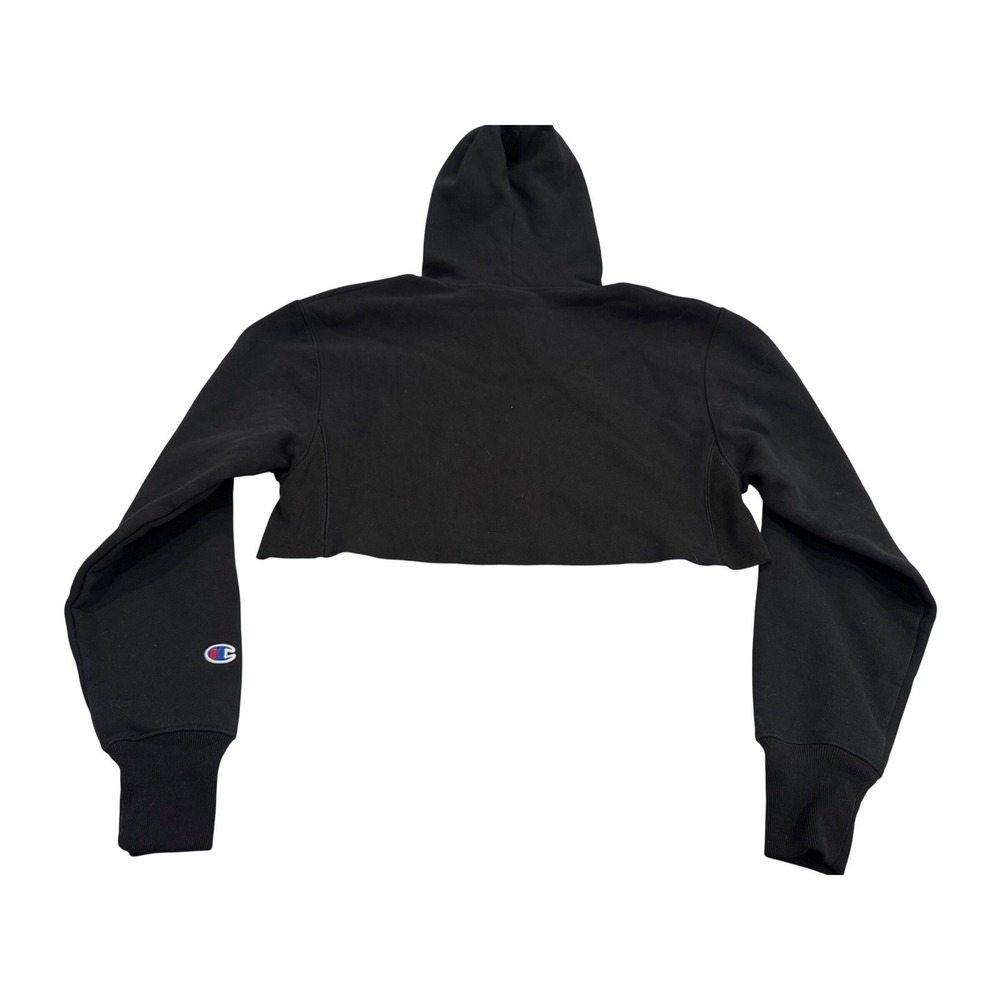 Champion Reverse Weave Cropped Hoodie Black Logo Pullover XS Streetwear - Picture 3 of 7